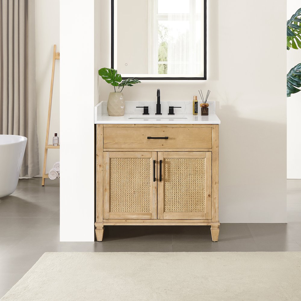 36" Single Bathroom Vanity in with Grain White Engineered Stone Countertop. Picture 2