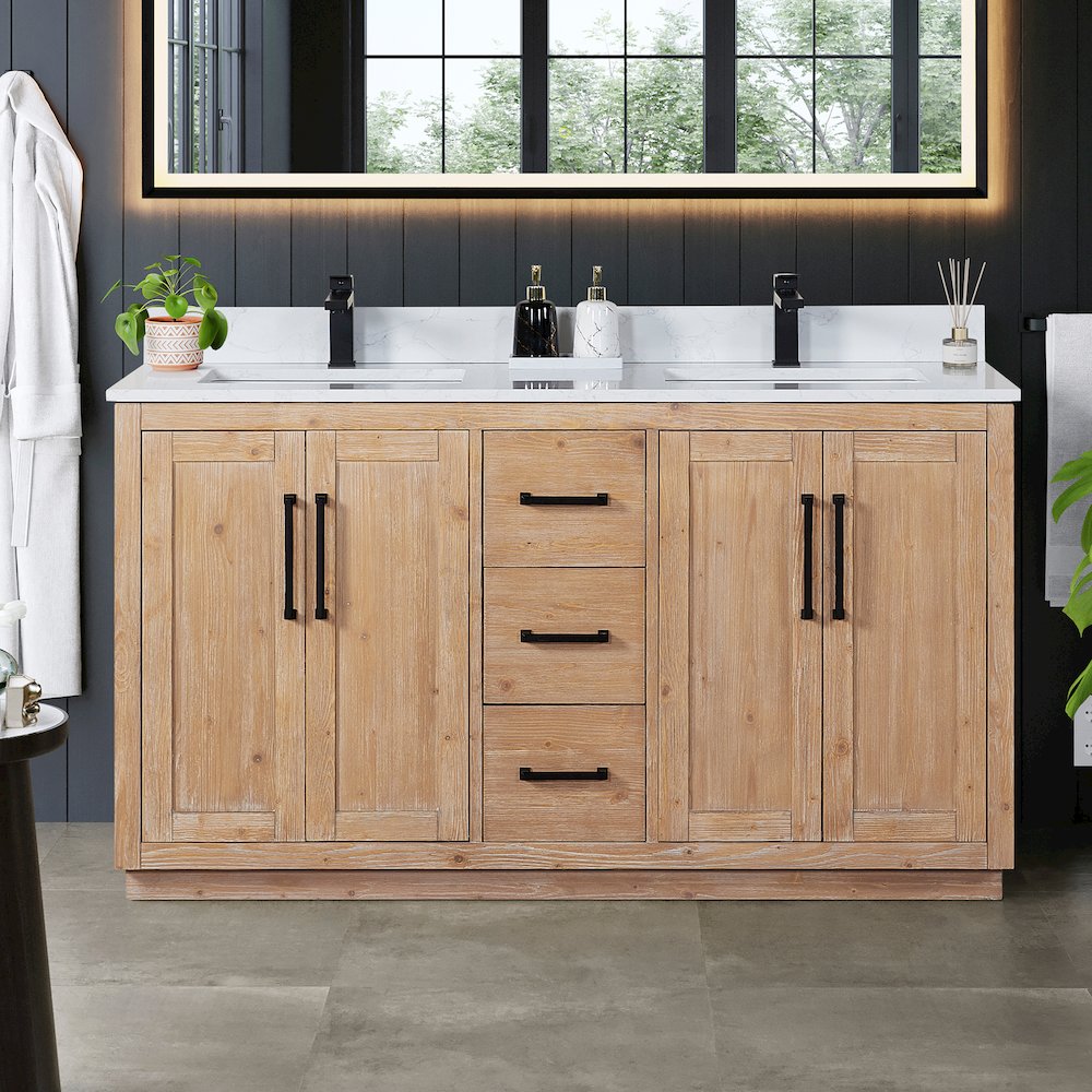 60" Double Bathroom Vanity with Grain White Countertop without Mirror. Picture 3