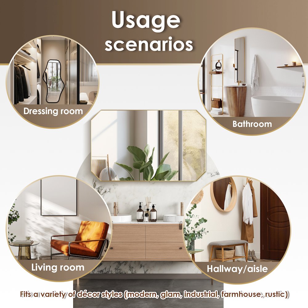 48"x30" Octagon Aluminum Framed in Brushed Gold Modern Bathroom Wall Mirror. Picture 13