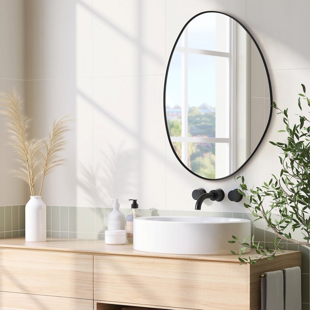 28"x36" Irregular Aluminum Framed in Matte Black Modern Bathroom Wall Mirror. Picture 4
