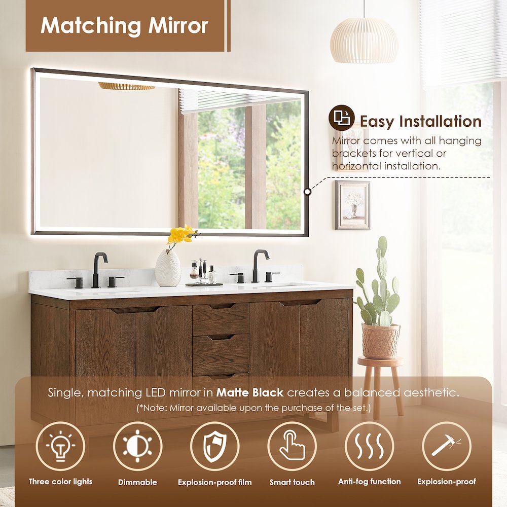 72" Double Bathroom Vanity in Brown Brushed Oak with Grain White. Picture 11