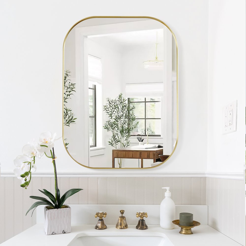 24x32" Rectangular Aluminum Framed in Brushed Gold Modern Bathroom Wall Mirror. Picture 5