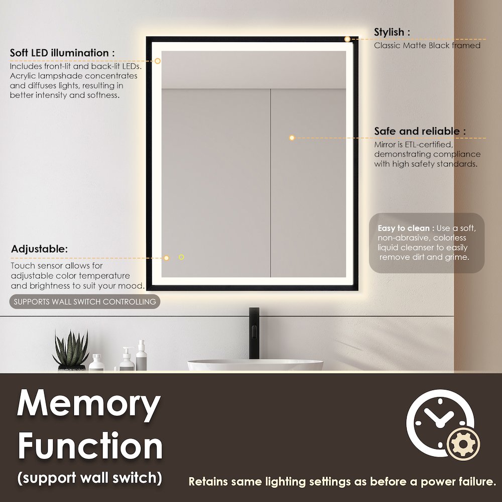 36"x30" Rectangular Wall Mirror in Matte Black Aluminum Framed. Picture 12