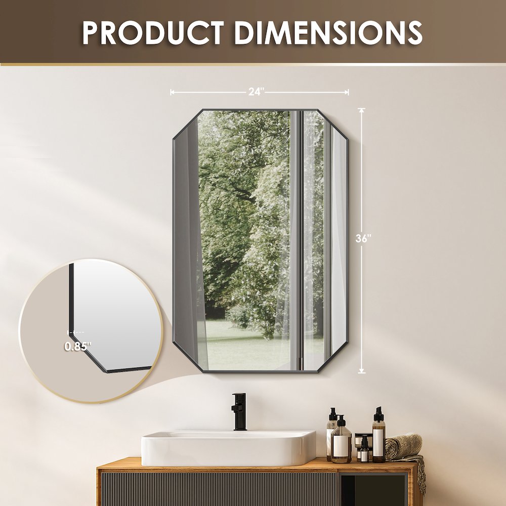 24"x36" Octagon Aluminum Framed in Matte Black Modern Bathroom Wall Mirror. Picture 14