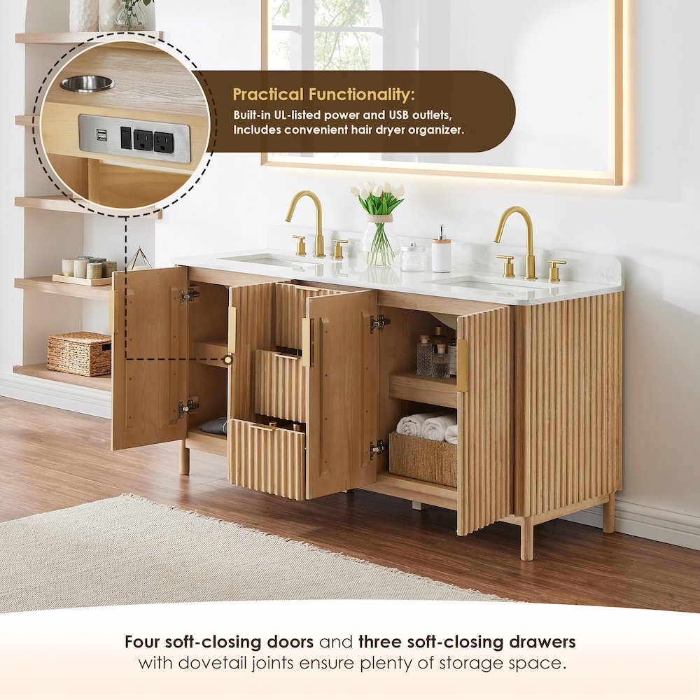 Double Bathroom Vanity in Washing Light Brown Grain White Engineered Stone. Picture 8