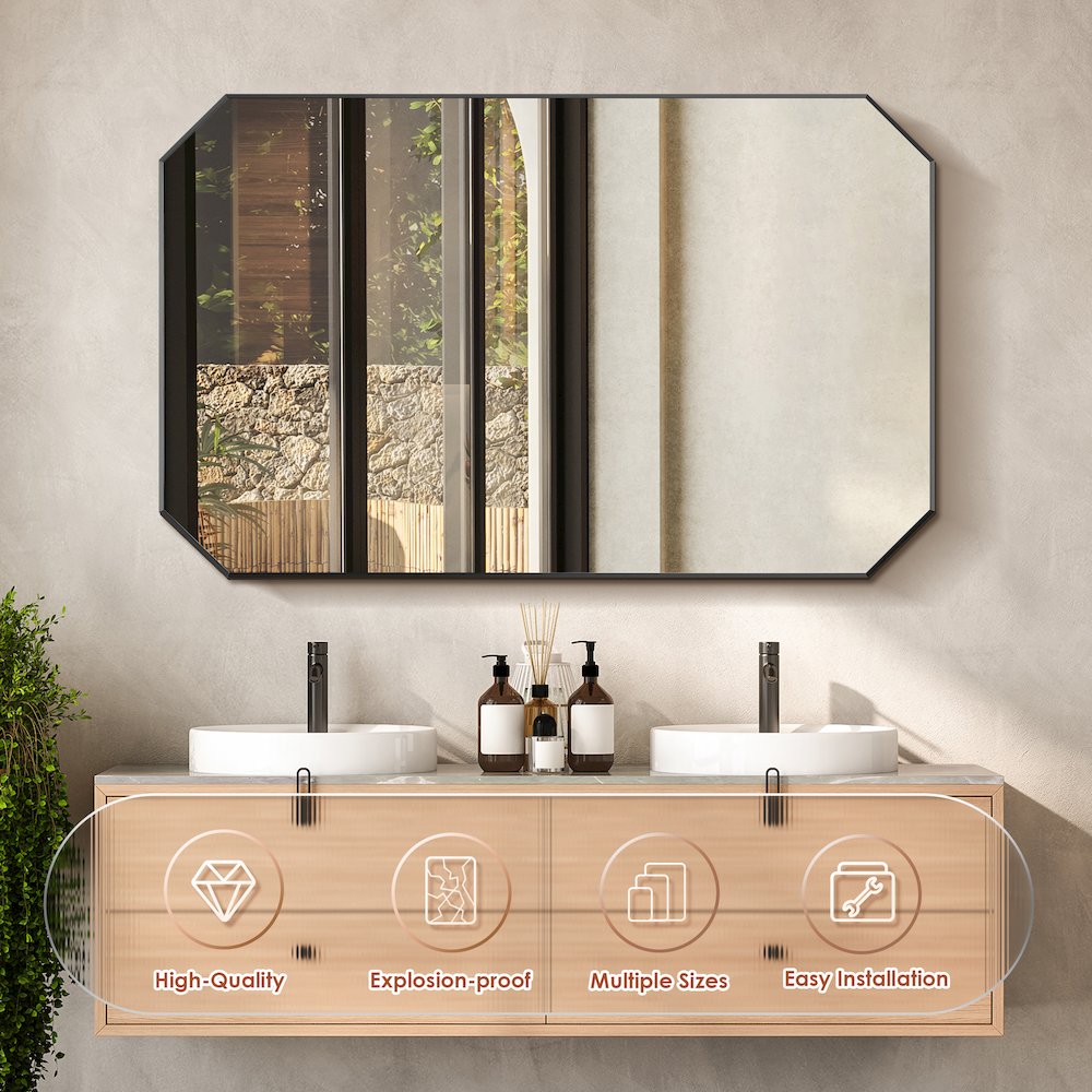 48"x30" Octagon Aluminum Framed in Matte Black Modern Bathroom Wall Mirror. Picture 6