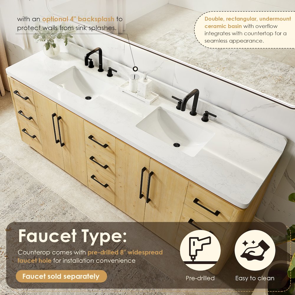 84" Double Bathroom Vanity in Nature Brown with Grain White. Picture 7