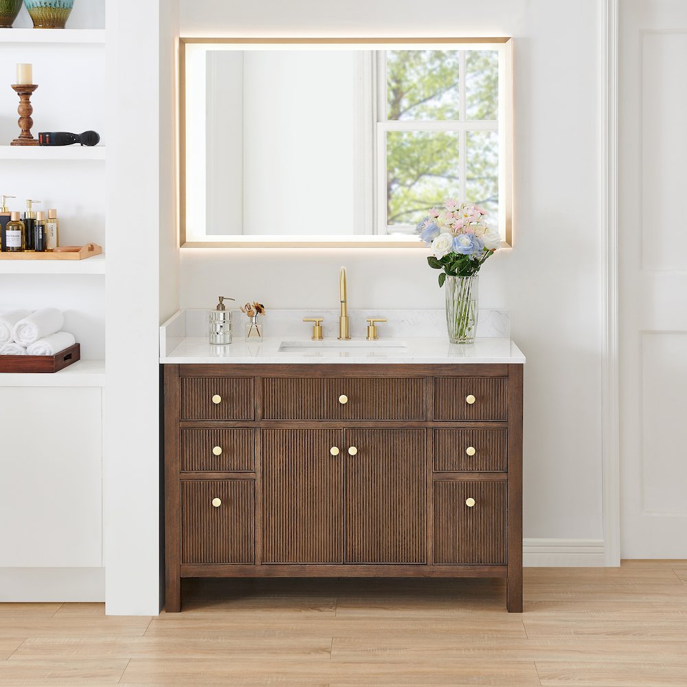 Single Bathroom Vanity in Brown Oak Grain White Engineered Stone Countertop. Picture 2