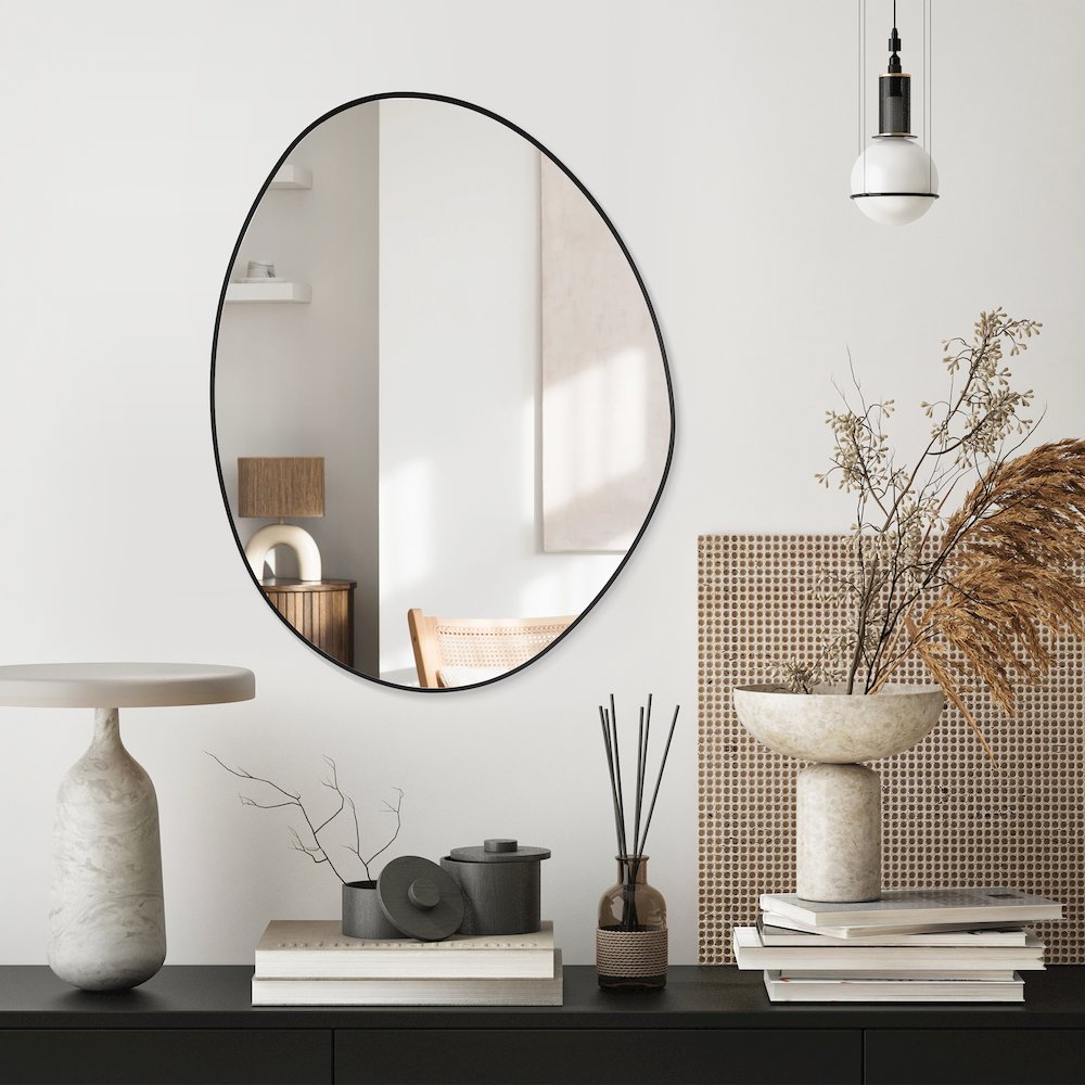 28"x36" Irregular Aluminum Framed in Matte Black Modern Bathroom Wall Mirror. Picture 6