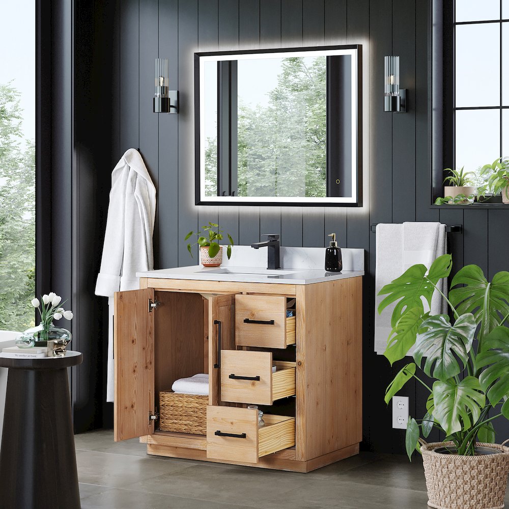 36" Single Bathroom Vanity with Grain White Countertop with Mirror. Picture 4