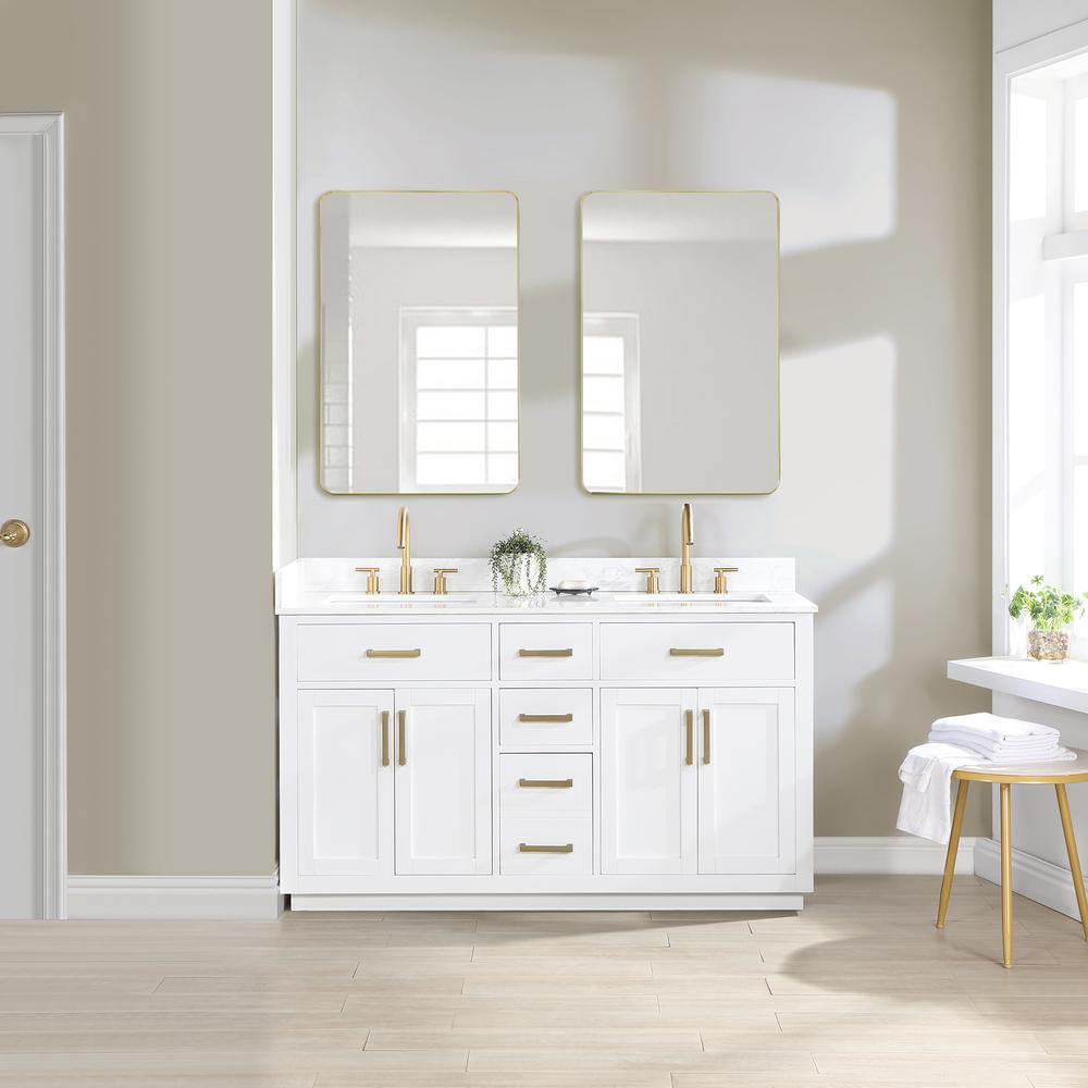 60" Double Bathroom Vanity in White with Mirror. Picture 5