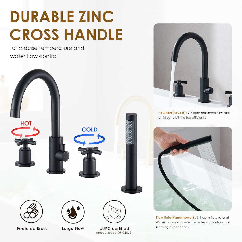 Cross Handles Deck-Mount Roman Tub Faucet in Matte Black with Handshower. Picture 12