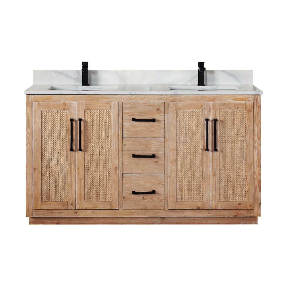 60" Double Bathroom Vanity with Calacatta White Quartz Countertop without Mirror. Picture 1