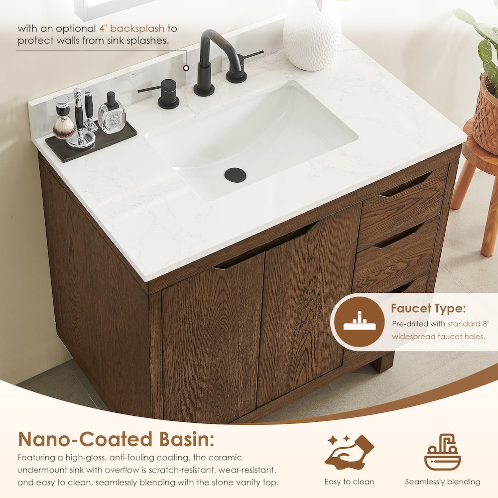 36" Single Bathroom Vanity in Brown Brushed Oak with Grain White. Picture 6