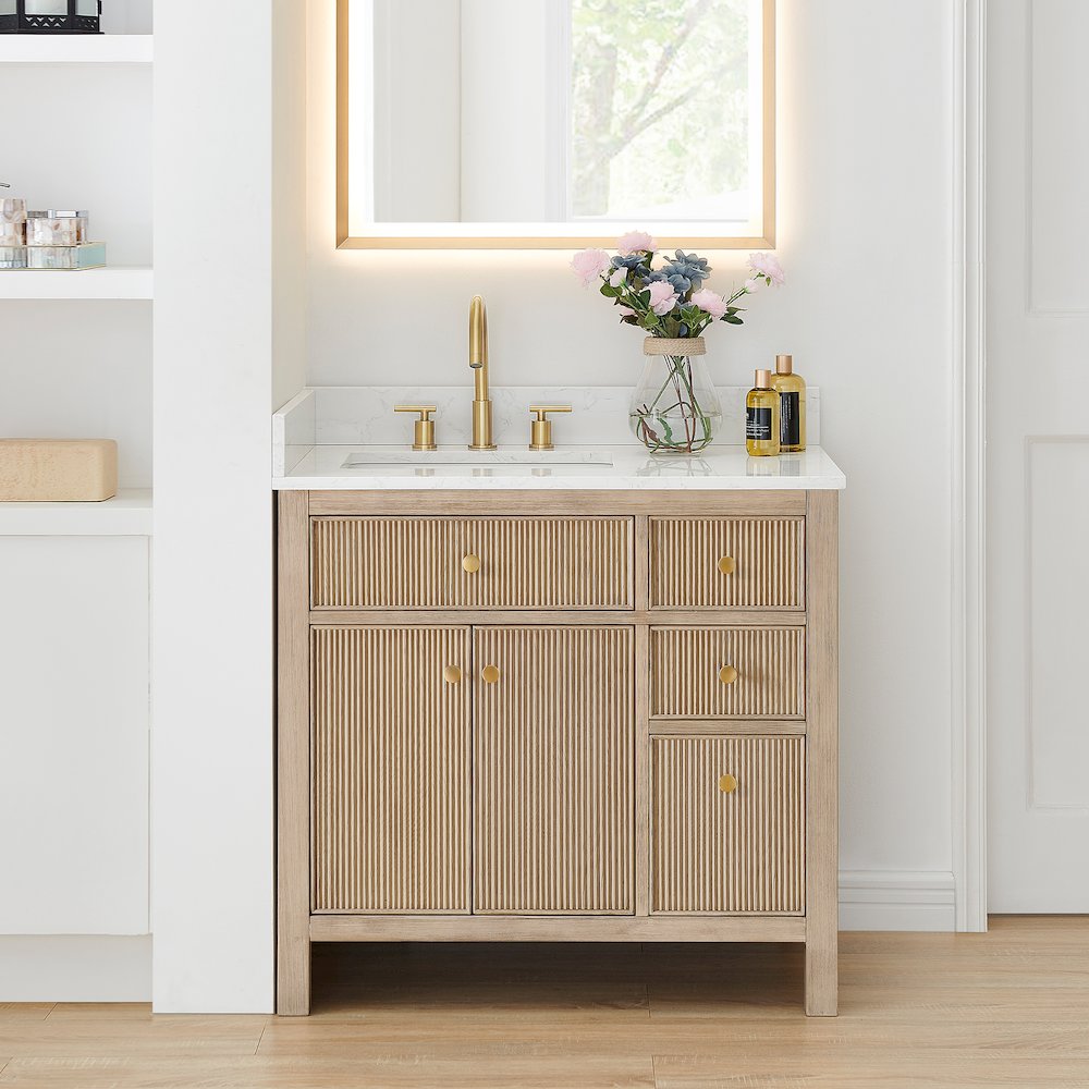 Single Bathroom Vanity in Nature Oak Grain White Engineered Stone Countertop. Picture 2