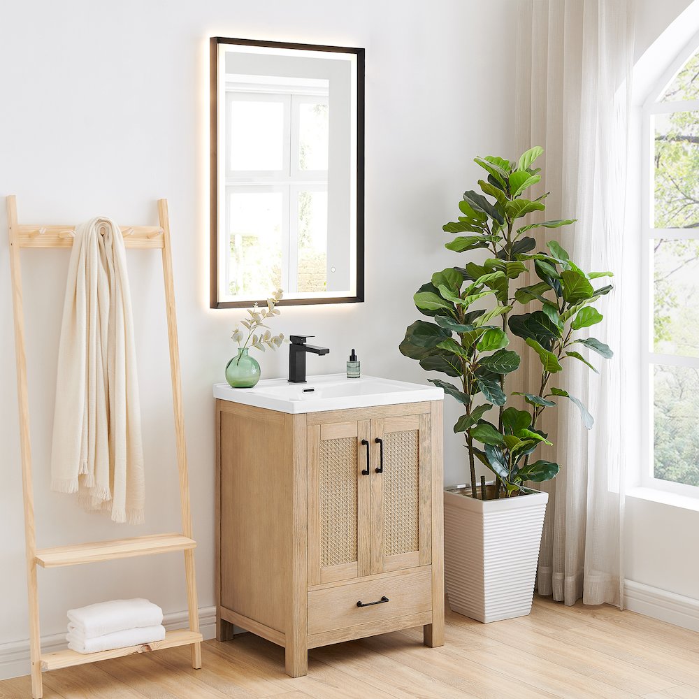 Single Bathroom Vanity in Light Brown White Ceramic Drop-in Sink. Picture 3