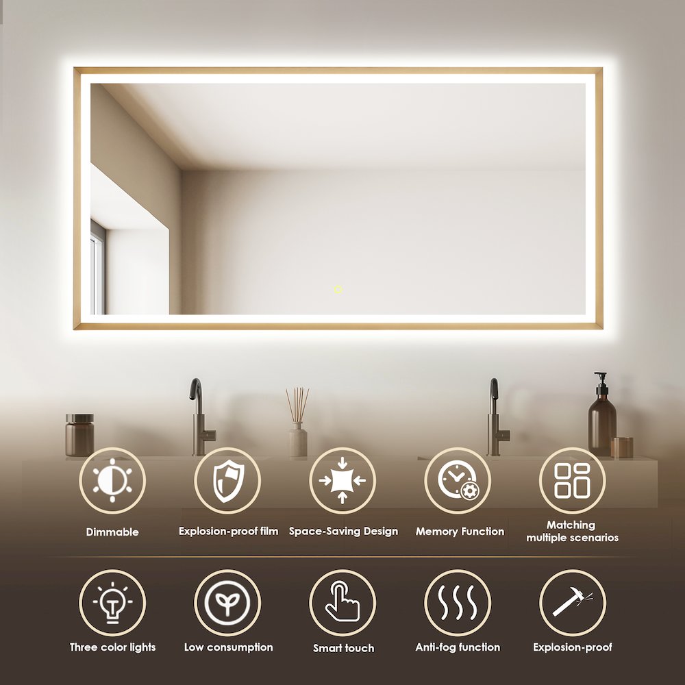 60"x30" Rectangular Wall Mirror in Brushed Gold Aluminum Framed. Picture 8