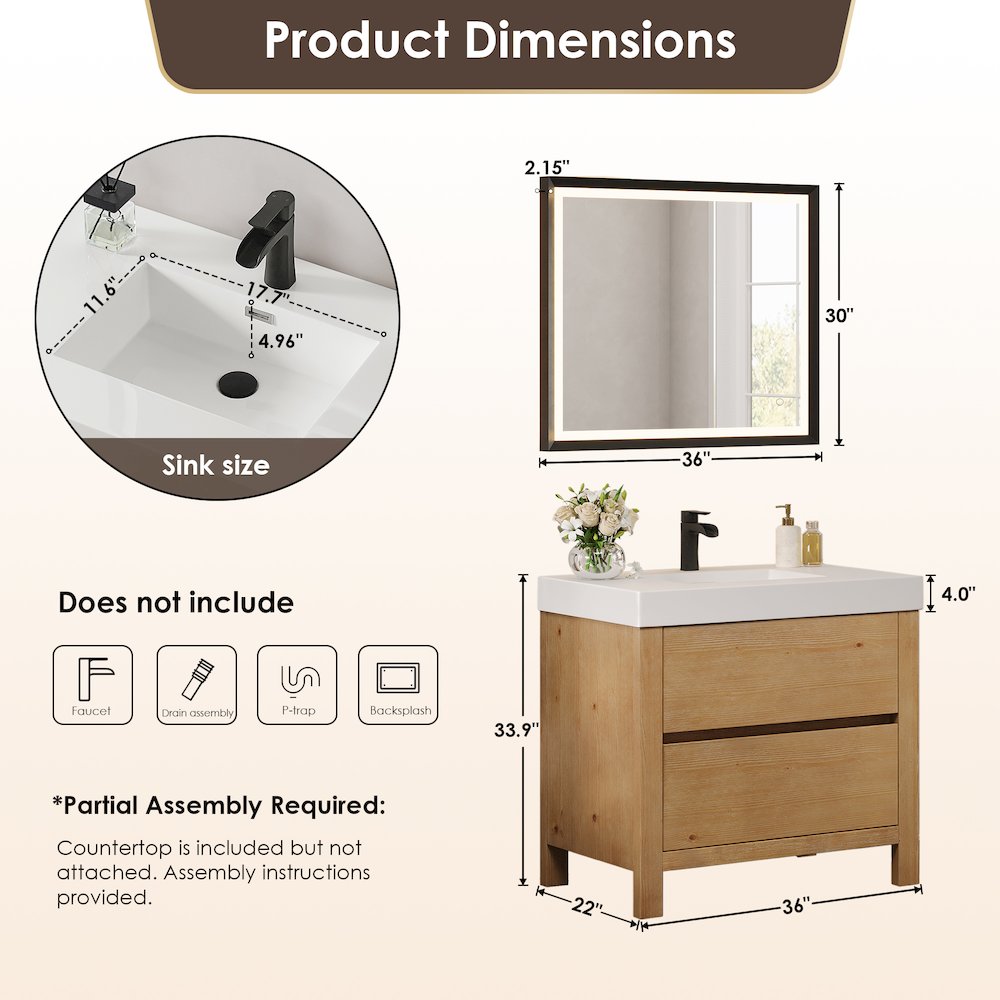 36" Single Bathroom Vanity in with White Artificial Stone Integrated Sink. Picture 12