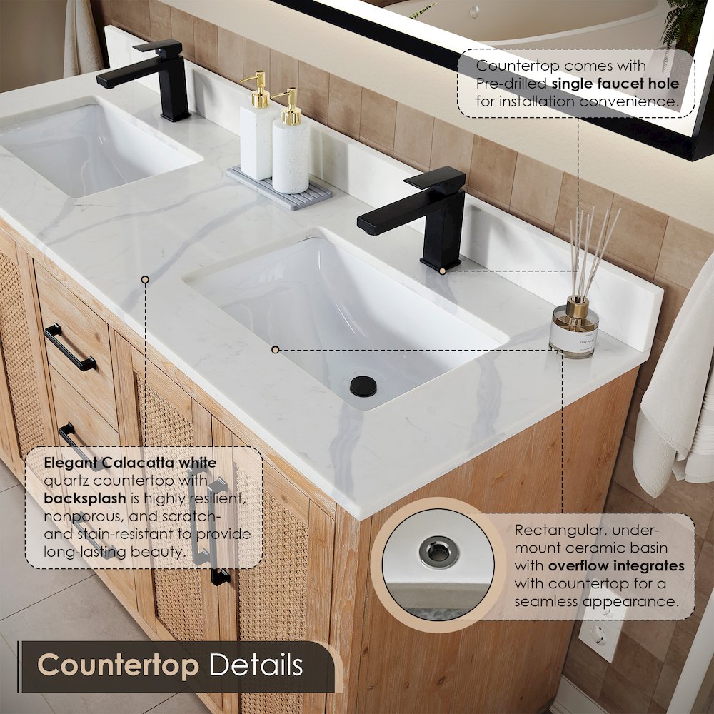 60" Double Bathroom Vanity with Calacatta White Quartz Countertop without Mirror. Picture 6