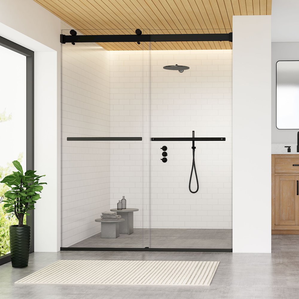 By Pass Frameless Shower Door in Matte Black with Clear Glass. Picture 3