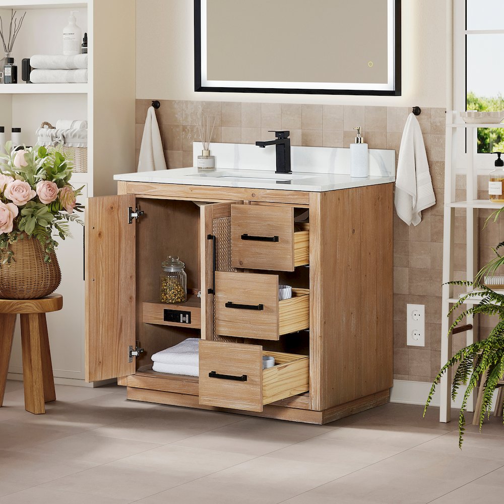 36" Single Bathroom Vanity with Calacatta White Quartz Countertop without Mirror. Picture 4