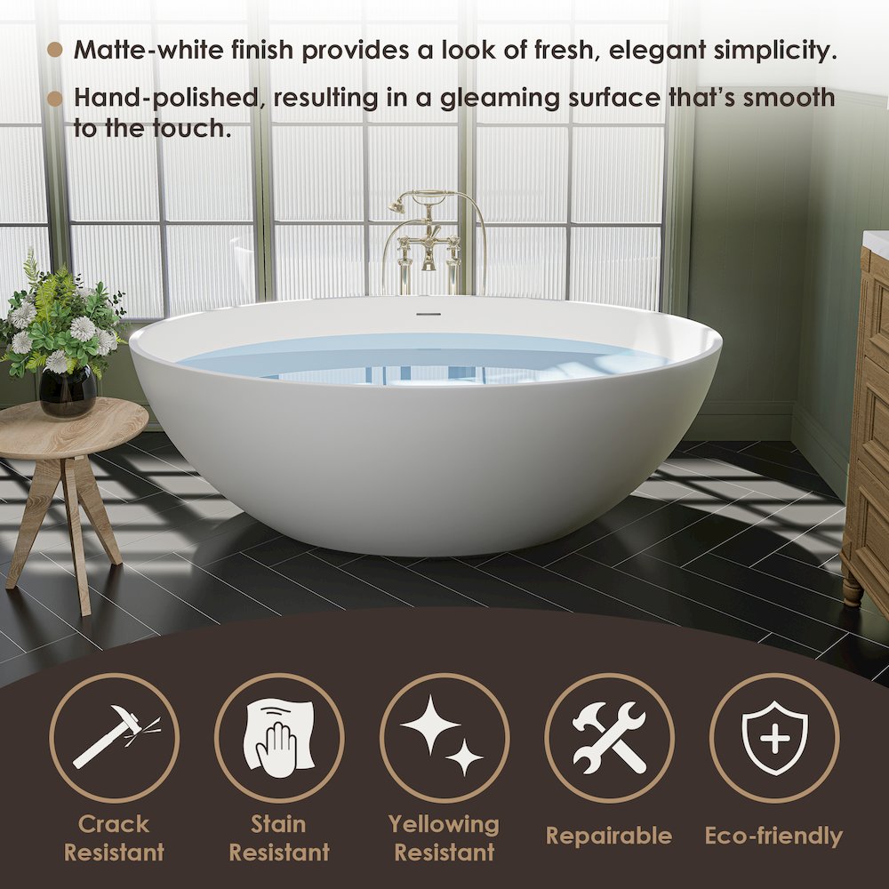 67" x 39" Solid Surface Soaking Bathtub in Matte White and Integrated Overflow. Picture 15