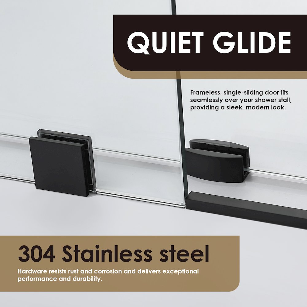 Single Sliding Frameless Shower Door in Matte Black with Clear Glass. Picture 7