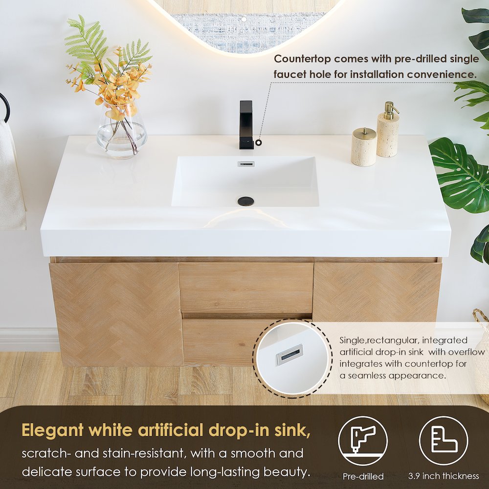 Single Bathroom Vanity in Light Brown White Artificial Drop-in Sink. Picture 7