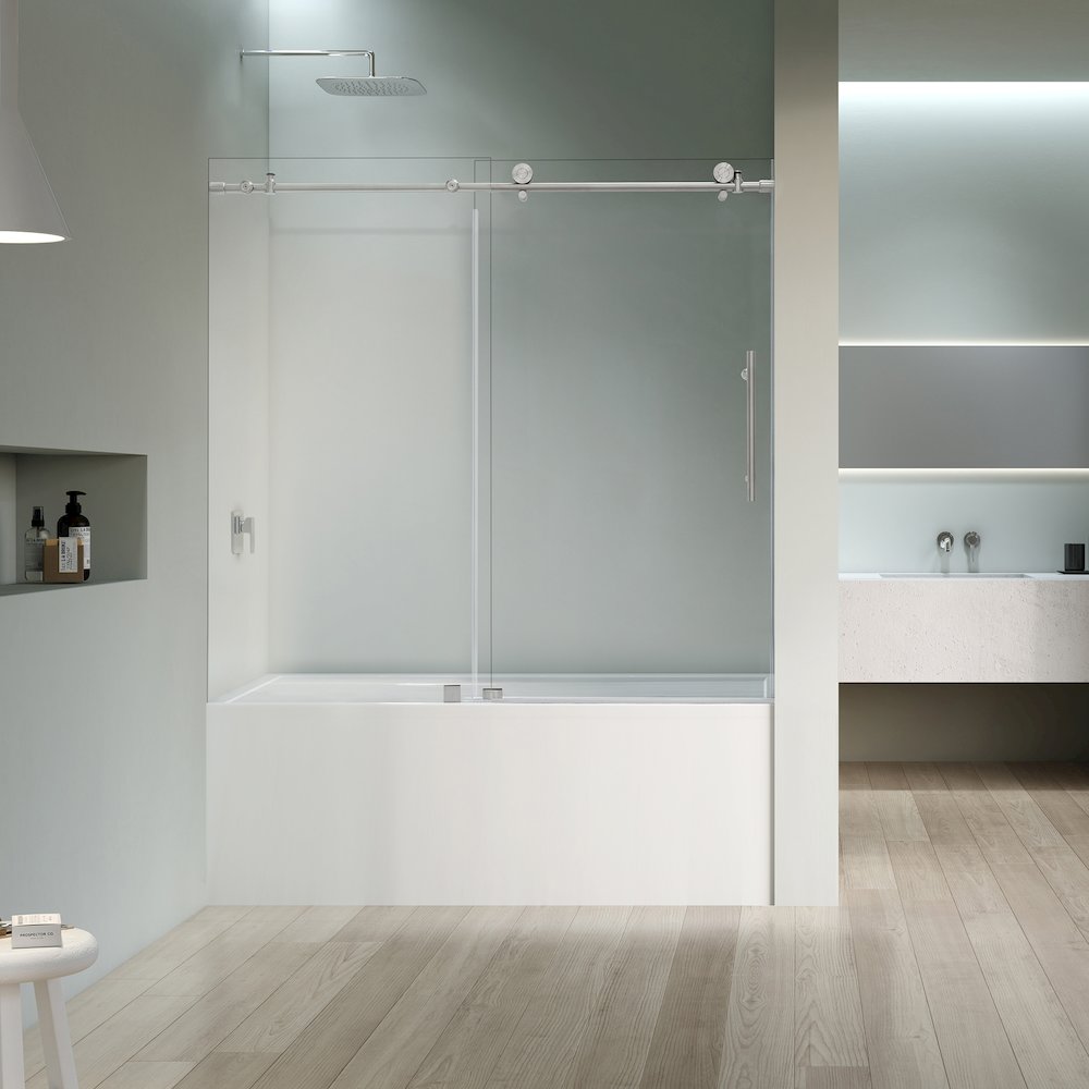 Single Sliding Frameless Tub Door in Brushed Nickel with Clear Glass. Picture 3