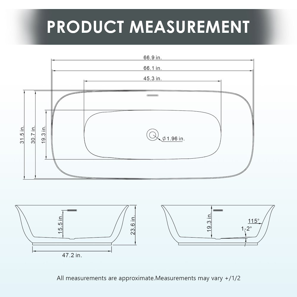 67" x 32" Flatbottom Freestanding Acrylic Soaking Bathtub in Glossy White. Picture 22