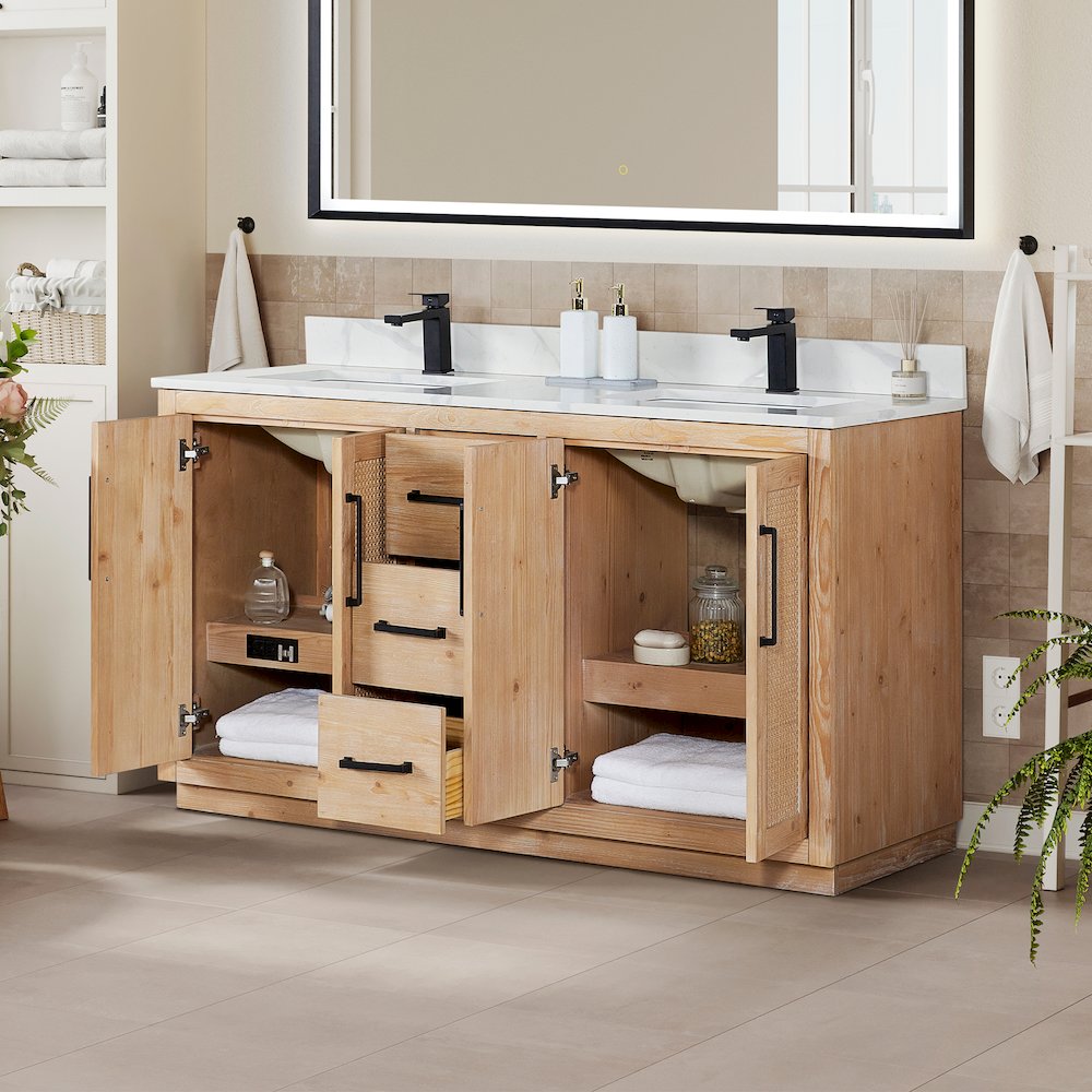 60" Double Bathroom Vanity with Calacatta White Quartz Countertop without Mirror. Picture 4
