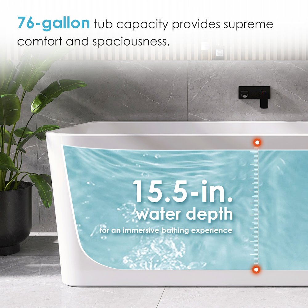 67" x 32" Flatbottom Freestanding Acrylic Soaking Bathtub in Glossy White. Picture 11