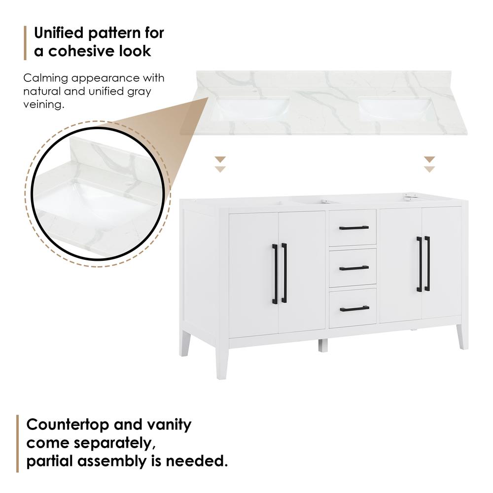 Double Bathroom Vanity in White with White Quartz Stone Countertop with Mirror. Picture 13