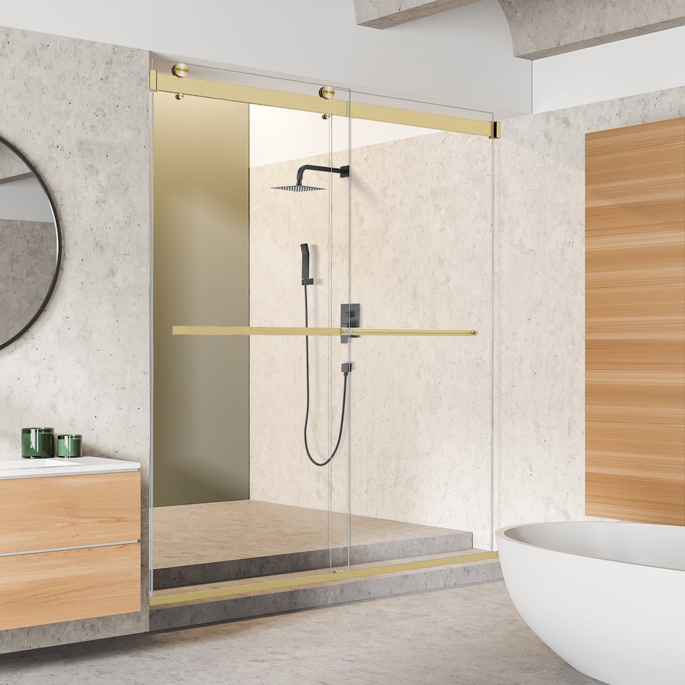 By Pass Frameless Shower Door in Brushed Gold with Clear Glass. Picture 6