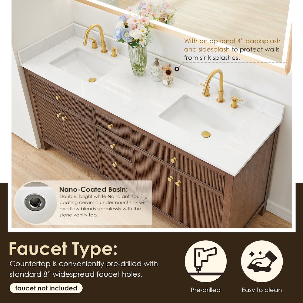 Double Bathroom Vanity in Brown Oak Grain White Engineered Stone Countertop. Picture 1