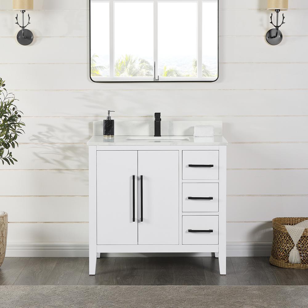 Single Bathroom Vanity in White with Stone Countertop without Mirror. Picture 2