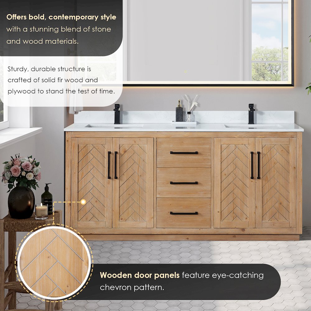 72" Double Bathroom Vanity with Grain White Countertop without Mirror. Picture 7
