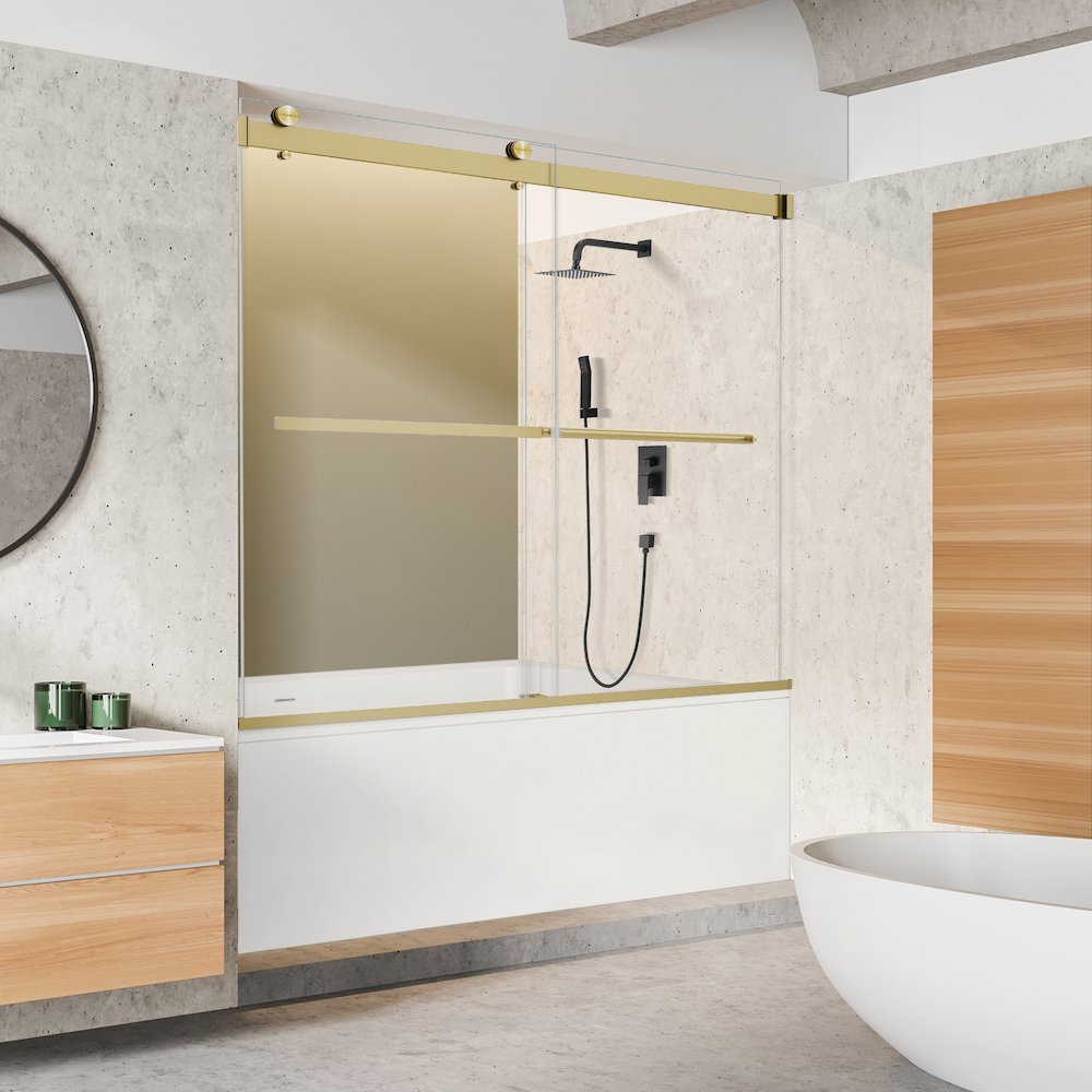 By Pass Frameless Tub Door in Brushed Gold with Clear Glass. Picture 4