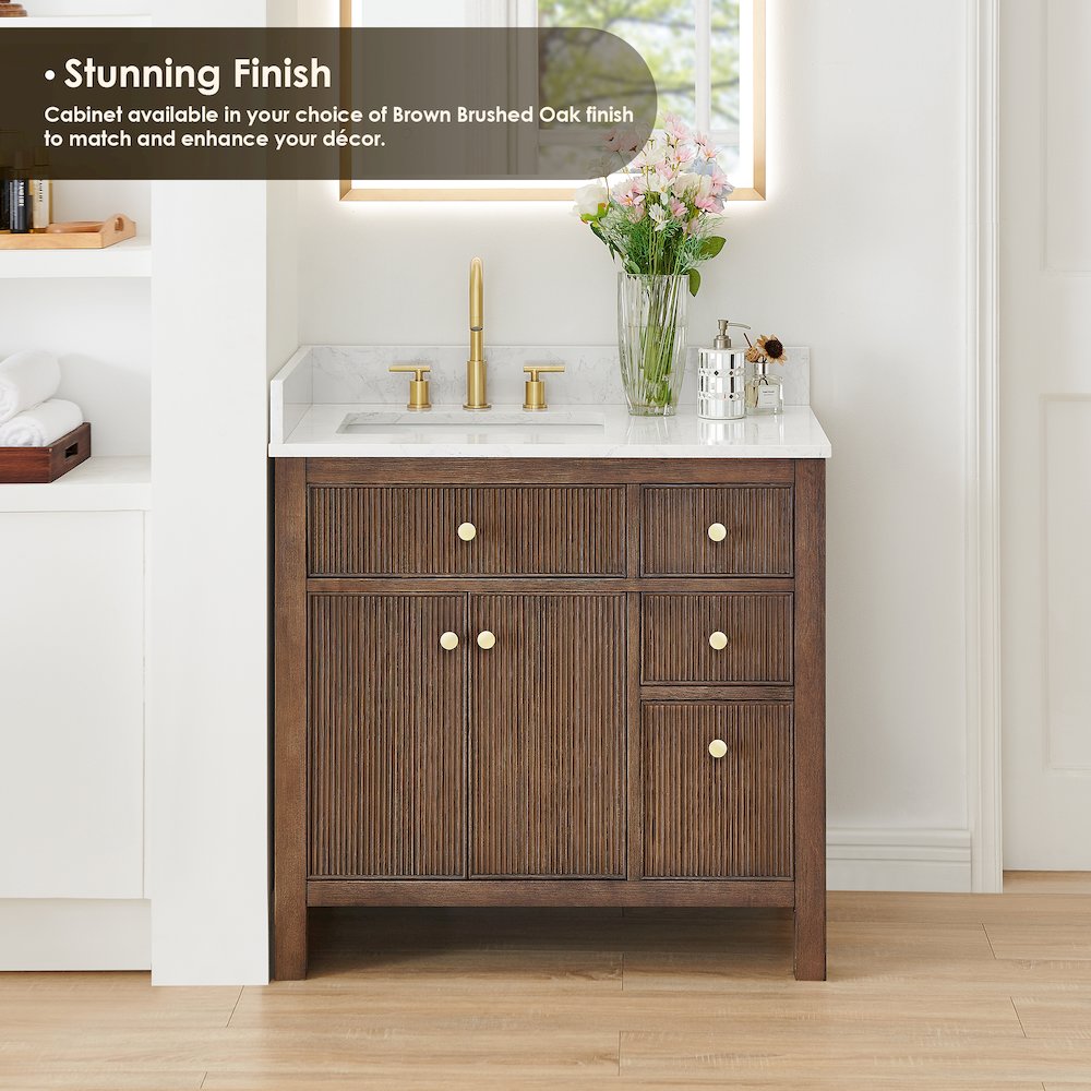Single Bathroom Vanity in Brown Oak Grain White Engineered Stone Countertop. Picture 9