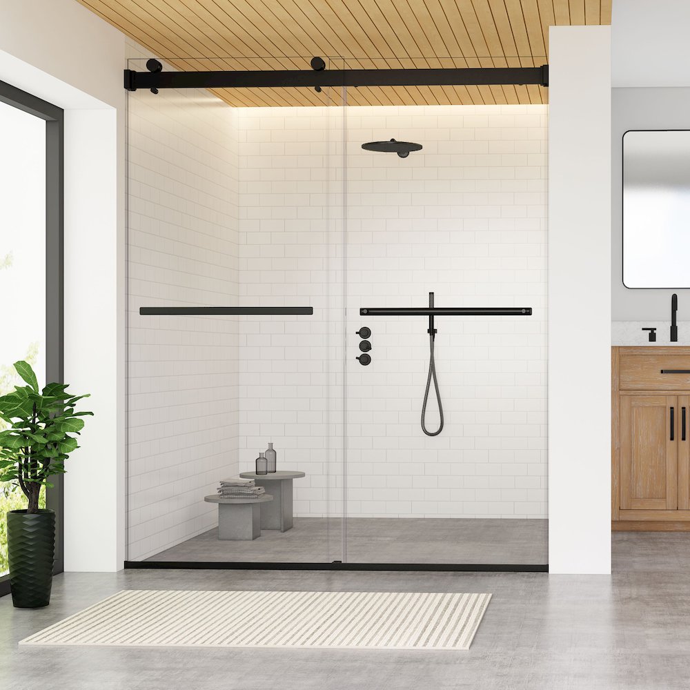 By Pass Frameless Shower Door in Matte Black with Clear Glass. Picture 3