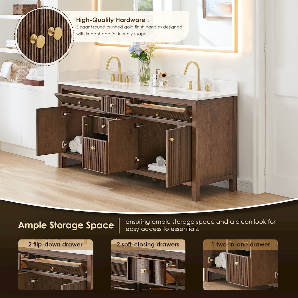 Double Bathroom Vanity in Brown Oak Grain White Engineered Stone Countertop. Picture 3