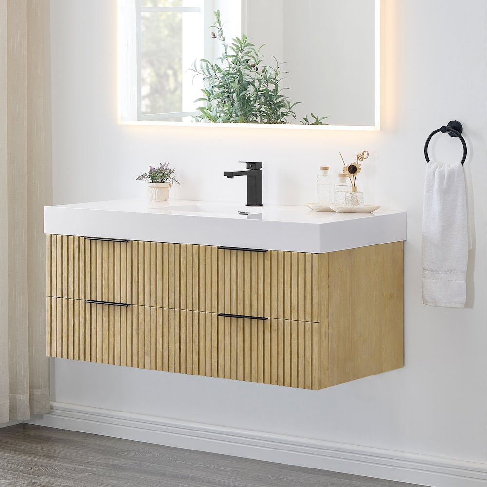 Single Bathroom Vanity in Nature Brown White Artificial Drop-in Sink. Picture 3