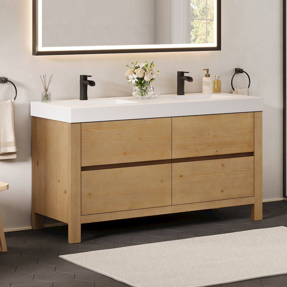 60" Double Bathroom Vanity in with White Artificial Stone Integrated Sink. Picture 3