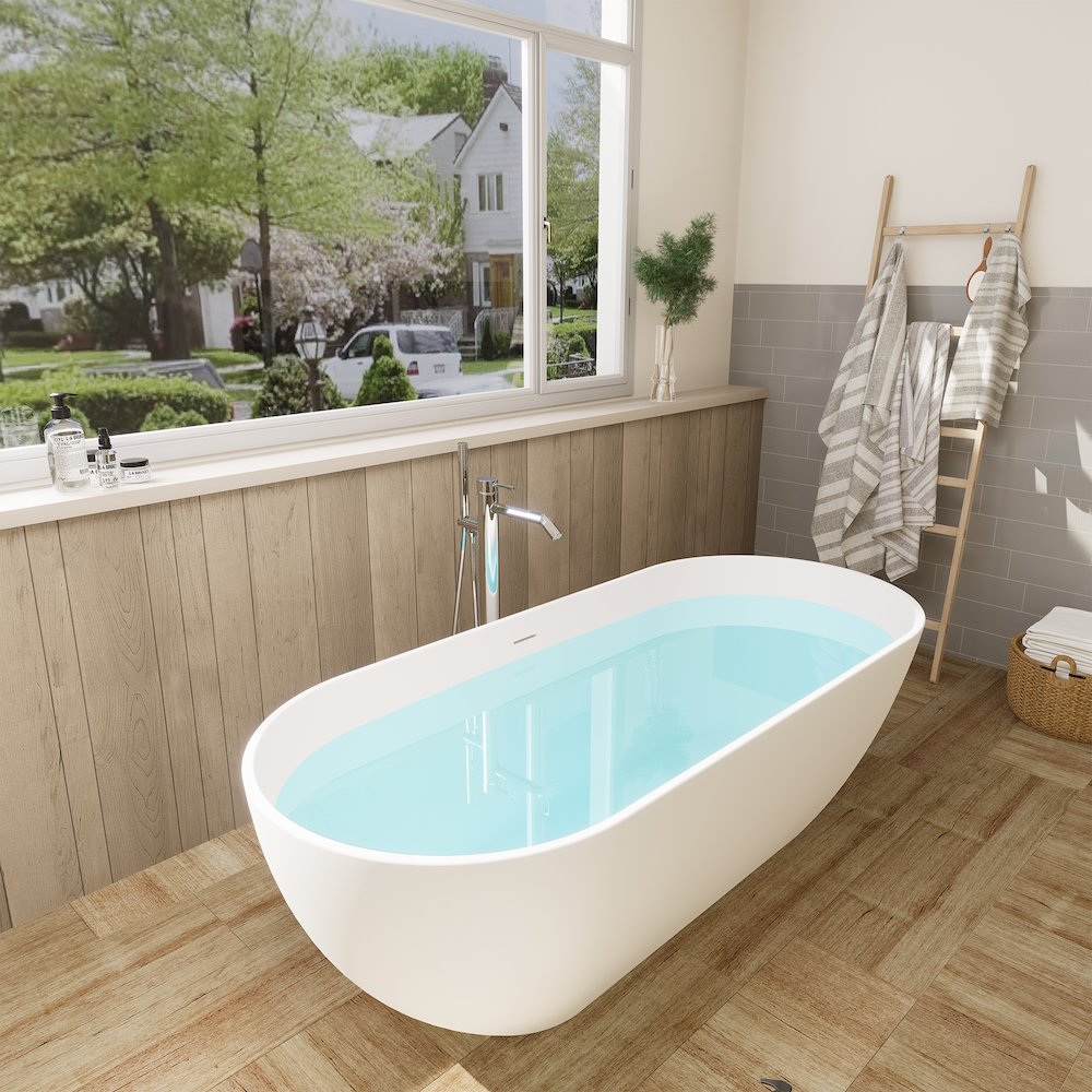 69" x 30" Solid Surface Soaking Bathtub and Integrated Overflow. Picture 7