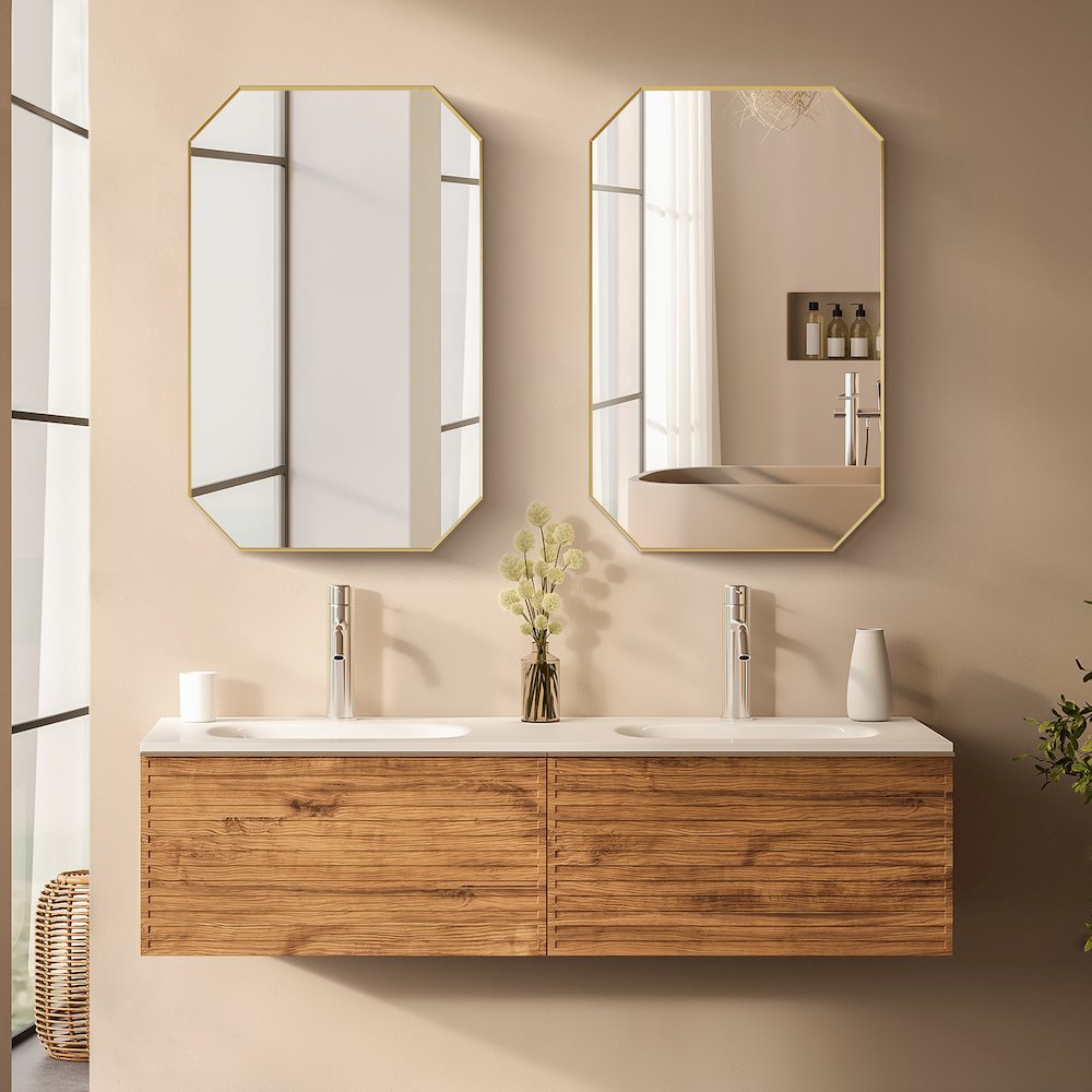 24"x36" Octagon Aluminum Framed in Brushed Gold Modern Bathroom Wall Mirror. Picture 4
