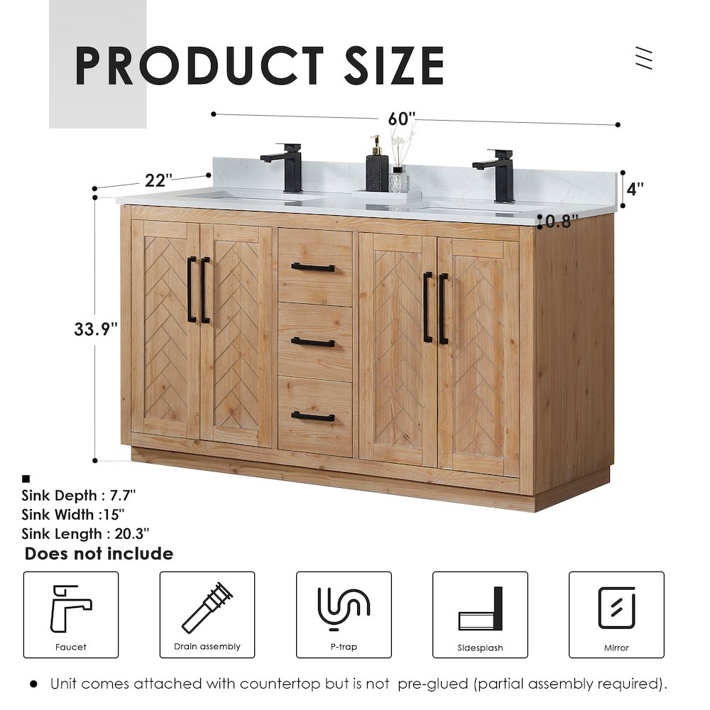 60" Double Bathroom Vanity with Grain White Countertop without Mirror. Picture 11