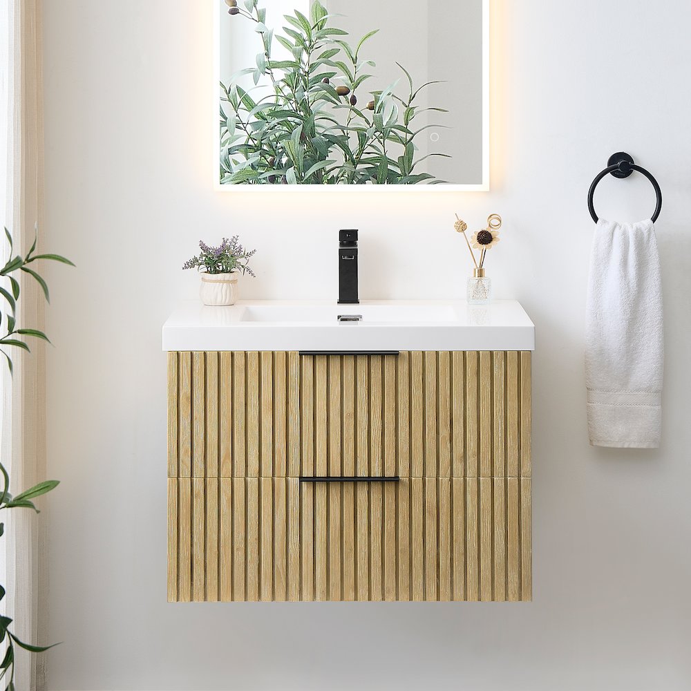 Single Bathroom Vanity in Nature Brown White Artificial Drop-in Sink. Picture 2