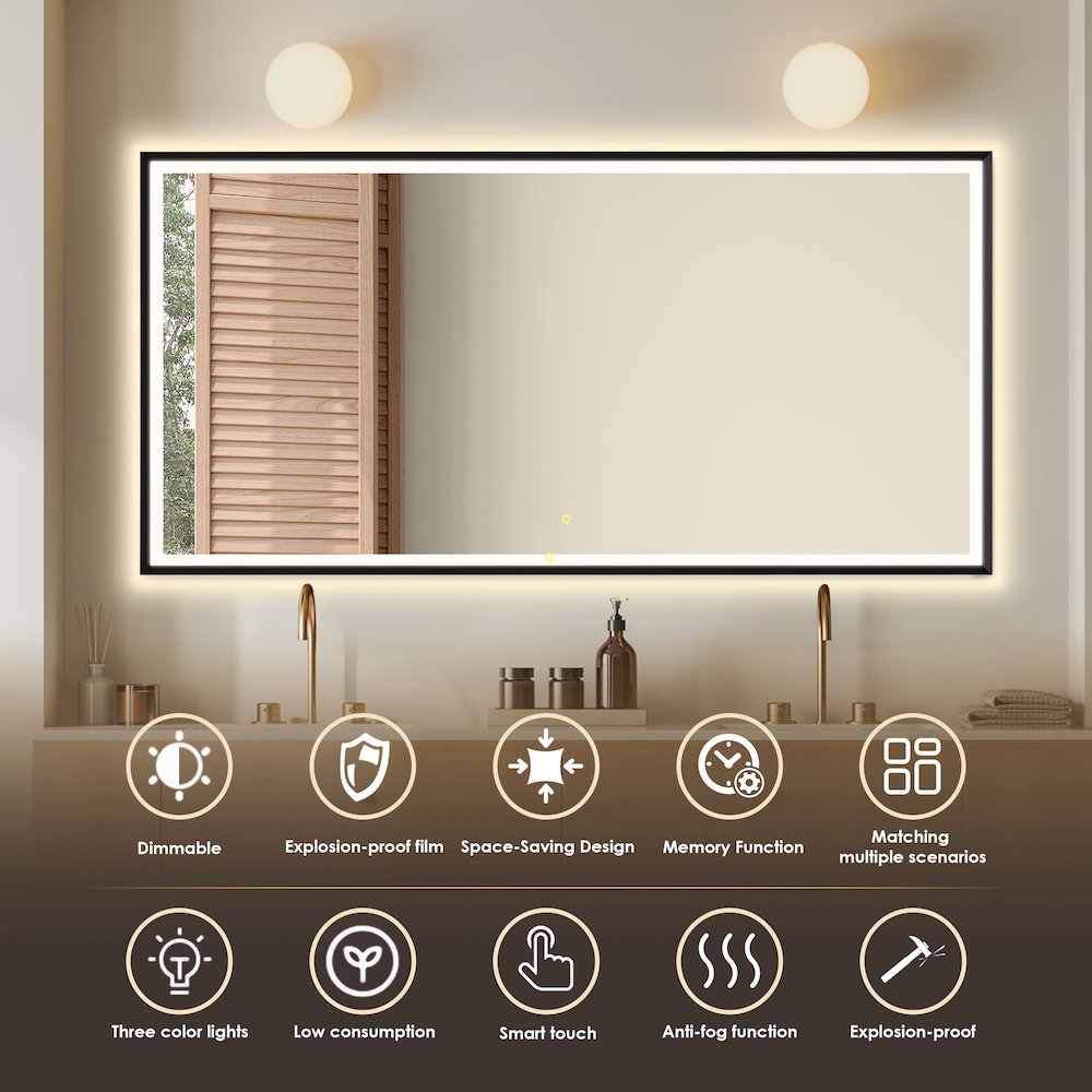 72"x36" Rectangular Wall Mirror in Matte Black Aluminum Framed. Picture 9