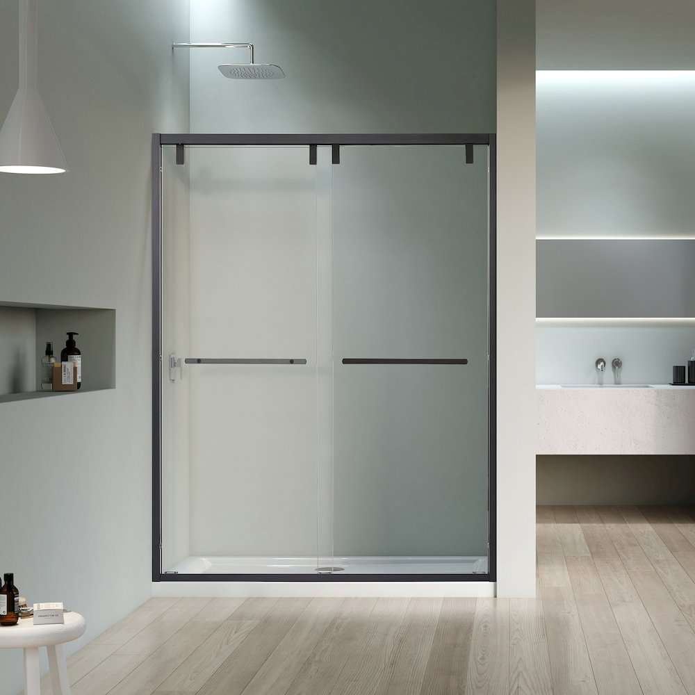 By Pass Semi Frameless Shower Door in Matte Black with Clear Glass. Picture 3