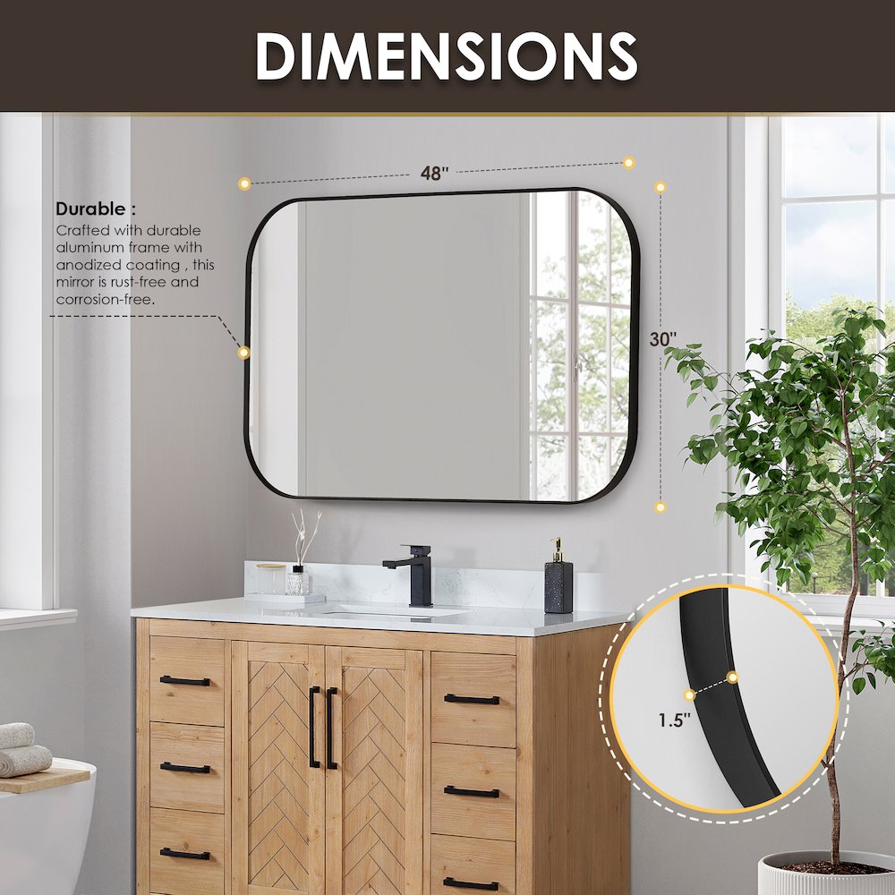 48x30" Rectangular Aluminum Framed in Matte Black Modern Bathroom Wall Mirror. Picture 12
